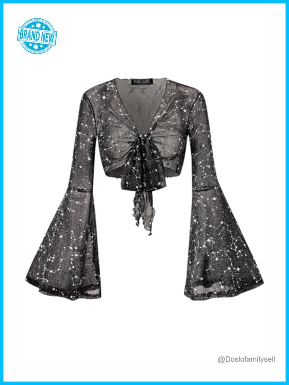 Women Tie Front Bell Sleeve Mesh Crop Top Floral Sheer Blouse